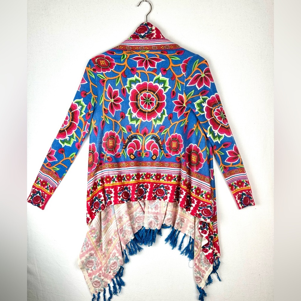 SoHo Chick Open Front Floral Cardigan Fringe Boho - Picture 3 of 8